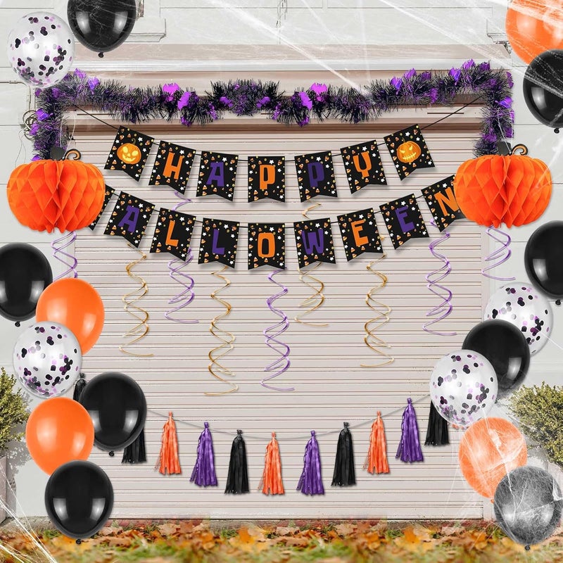 Jcoos Trunk or Treat Car Decorations Kit - 47PCS Halloween Decorations Halloween Garage Door Decorations Trunk or Treat Kits with Happy Halloween Banner, Halloween Balloons, Party Kit, Swirls, Tassel - Image 5